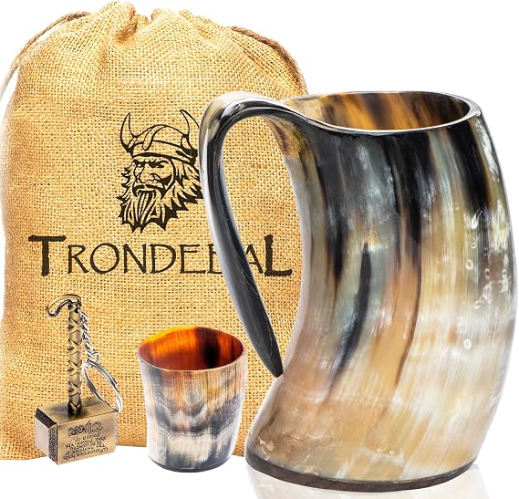 Viking Drinking Horn Mug - Unique Gifts for Men, 15-20 Oz Natural Ox Horn Cup & Cofee Stein | Cool Unique Gift for Brother or Dad, Home Decor Accessories | Shot Glasses for Beer, Ale, Mead, Whiskey