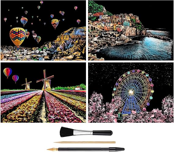4-Sheet Rainbow Scratch Art Set for Adults & Teens, A4 Scenic Designs