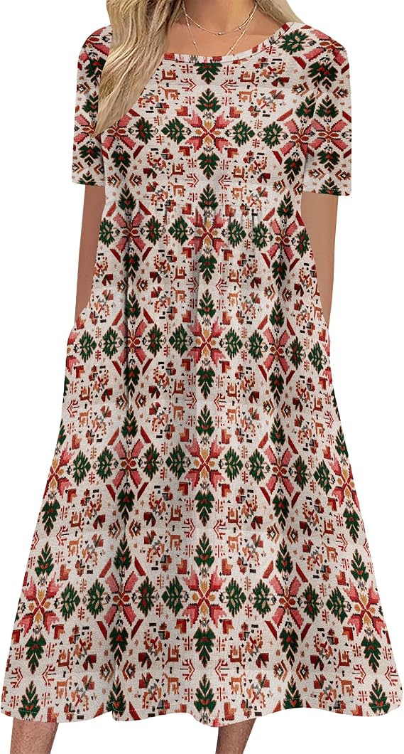 Boho Floral Short Sleeve Midi Dress for Women High Waisted Flowy Loose Fit Casual Cotton Dresses with Pockets