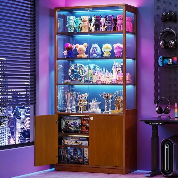 Display Cabinet with Glass Door - 7-Tiers Curio Cabinet Display Case with RGB Lights & Bottom Storage, Adjustable Shelves for Collectibles & Legos, Bookcase Storage Cabinet (Cherry)