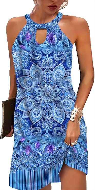 Kubsid Halter Dresses for Women 2026 Casual Floral Print Summer Dresses Hollow Out A-line Sundresses for Beach Vacation
