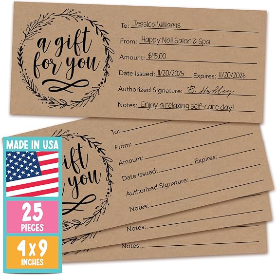 Hadley Designs 25 Blank Gift Certificates for Business 4x9 Christmas Gift Certificates Cards for Small Business, Spa, Massage, Nail & Hair Salon, Restaurant, Holidays Coupon Vouchers Made in USA