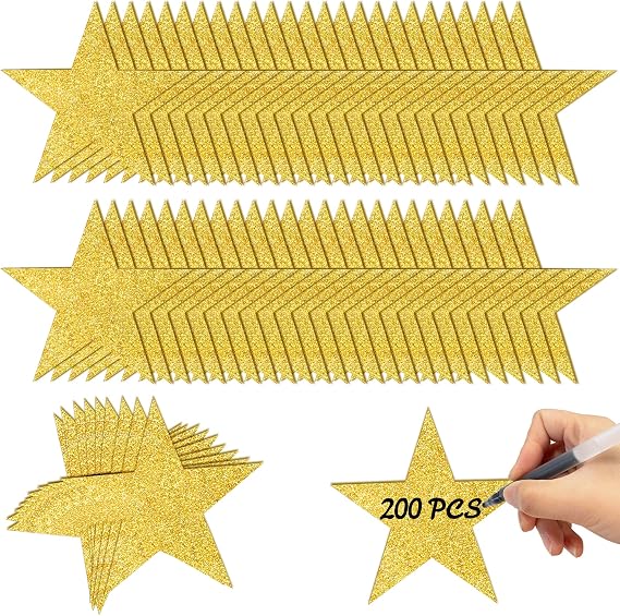 KEEPARTY 200 PCS Glitter Gold Five Star Cutouts Paper Star Confetti Cutouts Gold Star Cutouts for Bulletin Board Stars Accents Classroom Wall Party Decoration Supply