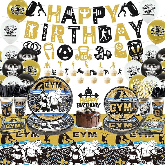 KEFAN Gym Party Decorations, Gym Birthday Party Supplies Packs, Weight Lifting Sports Fitness Party Supplies including HAPPY BIRTHDAY Banner, Plates, Balloons, Gym Party Set Serves 20 (Banner)