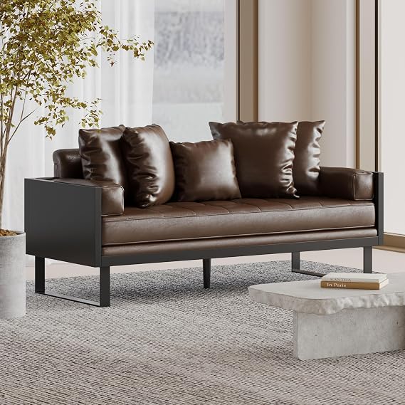 72.25'' Faux Leather Loveseat Sofa - Mid-Century Modern Upholstered Oversized Loveseat Couch with Soft Cushion and 7 Accent Pillows for Living Room, Bedroom, Apartment, Small Space