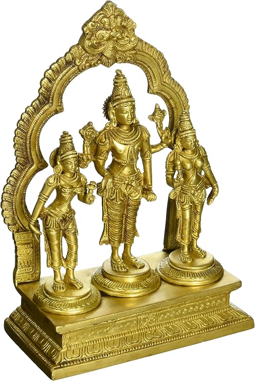 Lord Vishnu with Bhudevi & Sridevi Idol Brass Swami Satyanarayan Statue 3384 (10.25" H x 7.25" W x 3.50" D) Gold