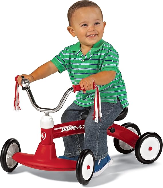 Radio Flyer Scoot About Ride On, For Toddlers 1-3, Adjustable Seat, Stable Wide-Set Front Wheels, Clear Kick Path, Furniture-Friendly Bumper, Easy-Glide Wheels, 42 lb Capacity, Toddler Ride On Toys