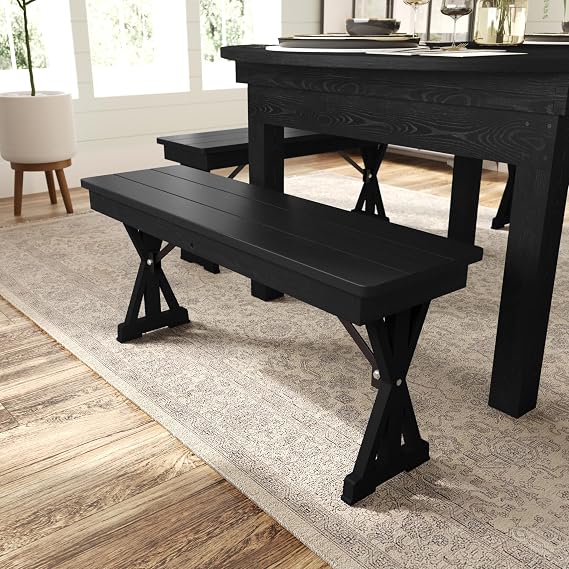 Merrick Lane Tinsley Solid Pine Folding Farmhouse Bench, Rustic Solid Wood Bench for Entryway or Dining Room, Folding Locking X-Legs, 40" x 12", Black Wash