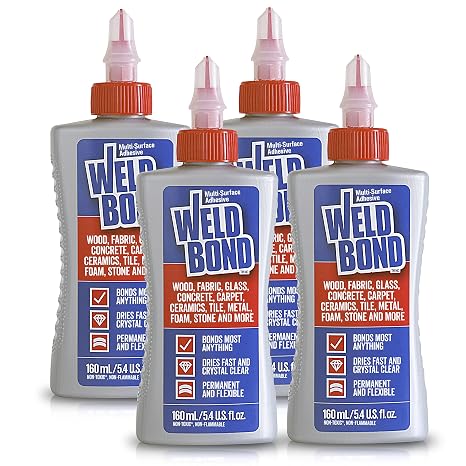 Weldbond All Purpose Glue, Bonds Most Anything! Non-Toxic Glue, Wood Glue or with Glass Crafts Ceramic Mosaic Porcelain Tile Stone Fabric Carpet Metal & More. Dries Crystal Clear 5.4 oz x 4 Pack