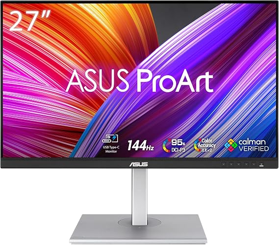 ASUS ProArt PA278CGV Professional Monitor – 27", IPS, QHD (2560x1440), 144 Hz, 95% DCI-P3, colour Accuracy ΔE < 2, Calman Verified, USB-C PD 90W, VESA DisplayHDR 400, FreeSync Premium, Ergonomic Stand