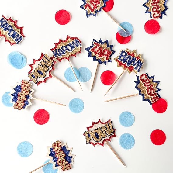 Confetti! Superhero Themed Glitter Cupcake Toppers (12 Pack) - Crafted from Multi-Layer, Non-Shed Glitter Cardstock Comic Book Styles Party Vibe. Birthday party supply, baby shower
