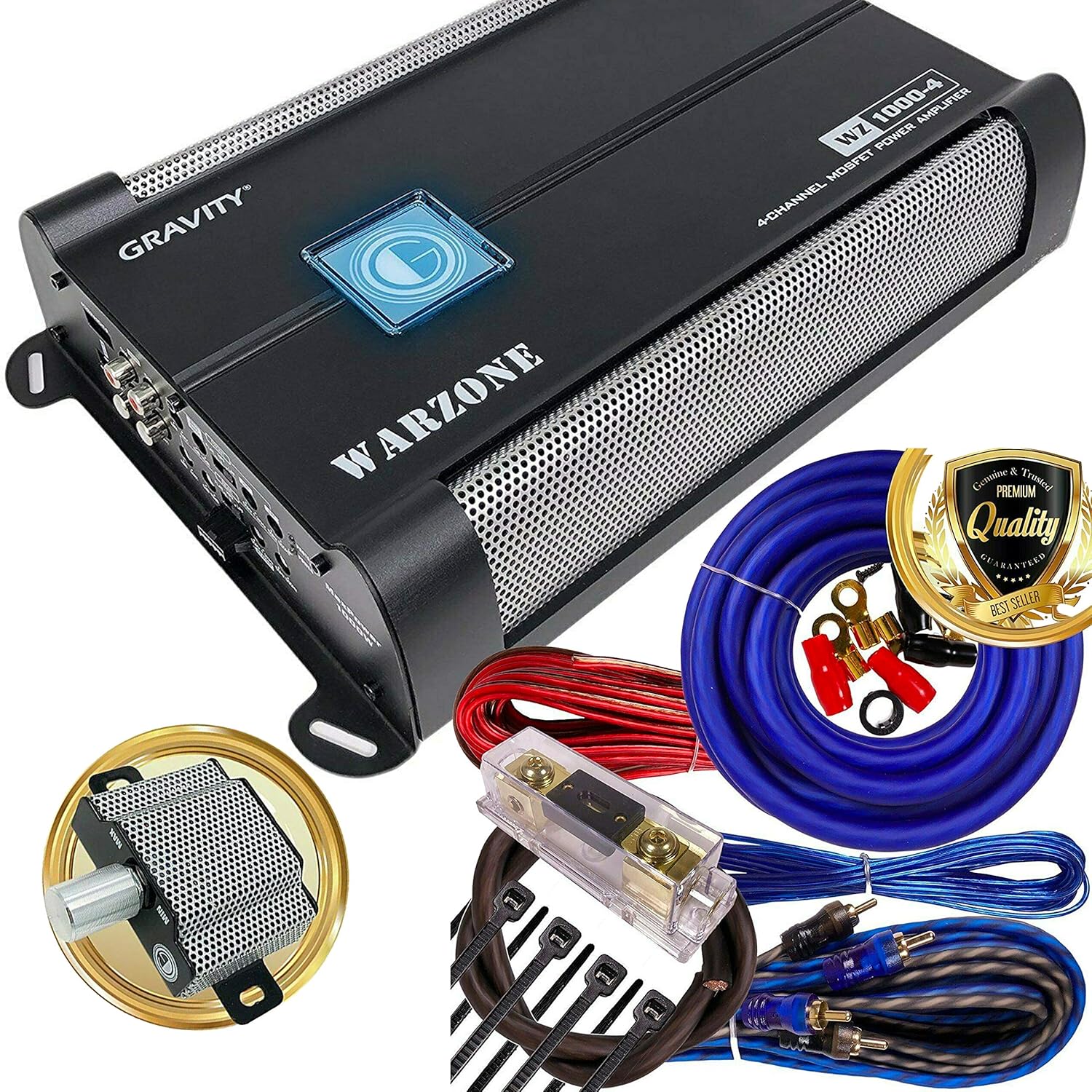 Gravity 1000.4 Class AB Car Amplifier - 1000 Watts, 24 Ohm Stable, Stereo 4 Channels, Mosfet Power Supply, Great for Subwoofers 2nd Generation with 4 Channels Kit Blue Bundle