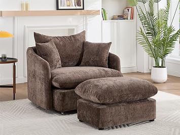 Oversized Swivel Accent Chair with Ottoman Set, Upholstered 360 Swivel Barrel Chair and A Half with Ottoman, Extra Wide Seat Lounge for Living Room, Reading, Bedrooms