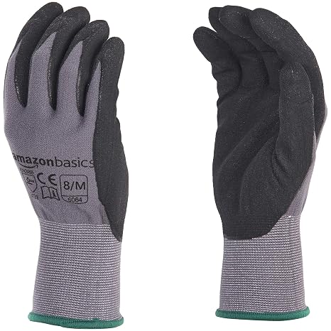 Amazon Basics Micro-Foam Nitrile Coated Safety Work Gloves, Touch Screen, Nylon Liner Fiber, Machine Washable, Grey, Size 8/M, 12-Pair