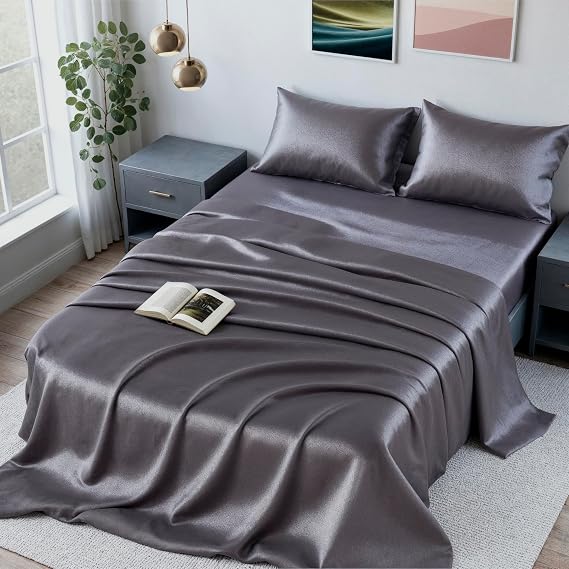Colorado Home Co SUNDAYSILKS | Mulberry Silk Bed Sheets | 4PC Queen Set | Natural Bedding | Soft & Durable | Grade 6A Organic Real Silk [Charcoal Essence]