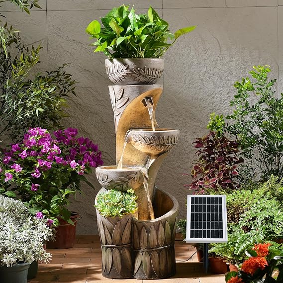 35.6" Solar Outdoor Water Fountain - Relief Leaf Design 4 Tiers Fountains
