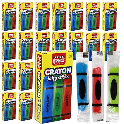 Taffy Candy in Crayon Boxes - Unique Candy for Party Favors for Kids Novelty Candy, Goodie Bag Stuffers - 24 Taffy Crayon Boxes with 3 Individually Wrapped Crayon Sticks in Each Box