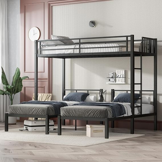 Bellemave Twin Over Twin Over Twin Bunk Beds for 3 Kids,Metal Triple Bunk Bed with Built-in Desk,Twin XL Over Twin & Twin Bunk Bed,3 Bed Bunk Beds,Twin Size Triple Bed,Black