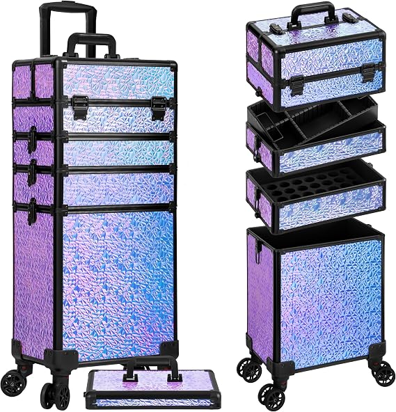 Rolling Makeup Train Case with Lid Cosmetology Case on Wheels | 5 in 1 Large Cosmetic Trolley Organizer Travel for Hairstylist Artist Nail Beauty Salon Barber Cart Trunk, Gravel Purple