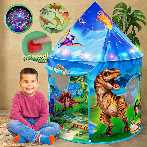 W&O Dino Paradise Play Tent with Roar Button, Dino Toys & LED Lights