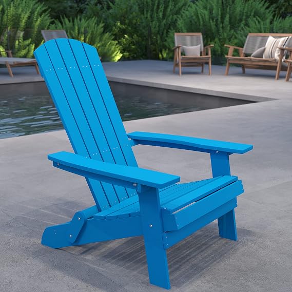 Merrick Lane Riviera Poly Resin Folding Adirondack Lounge Chair - Blue - Indoor/Outdoor - Weather Resistant