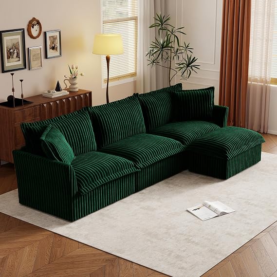 Modular Sectional Sofa, Comfy Cloud Couch Oversized 3 Seater Couch with Ottoman, Corduroy L Shaped Couches, Deep Seat Sectional Sofa with Throw Pillows for Living Room Bedroom Office, Green