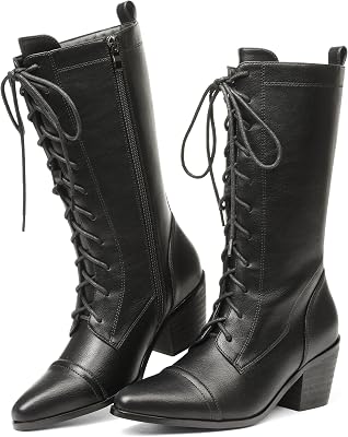 SaraIris Womens Black Mid Calf Boots Lace Up Chunky Heel Vintage Combat Heeled Dress Casual Boots