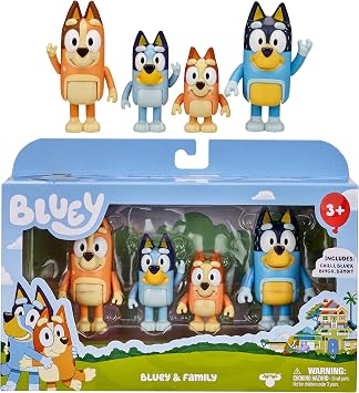 Bluey Family Figure Pack of 4, Robust Poseable Character Toys with Bingo, Chilli, and Bandit Figures, Toddler-Sized Animal Figurines for Kids Ages 3