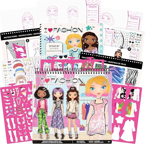 Fashion Angels I Love Fashion Sketch Portfolio | Includes Sketch Pad with Stencils & Stickers, Design Sketch Book for Girls, Ideal Drawing Kit for Kids