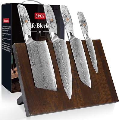 SHANGDAO Damascus Kitchen Knife Set with Magnetic Knife Block, 5 PCS Razor Sharp Kitchen Knives Made of Japanese Damascus Steelwith Block, Well-Balanced Damascus Chef Knife set