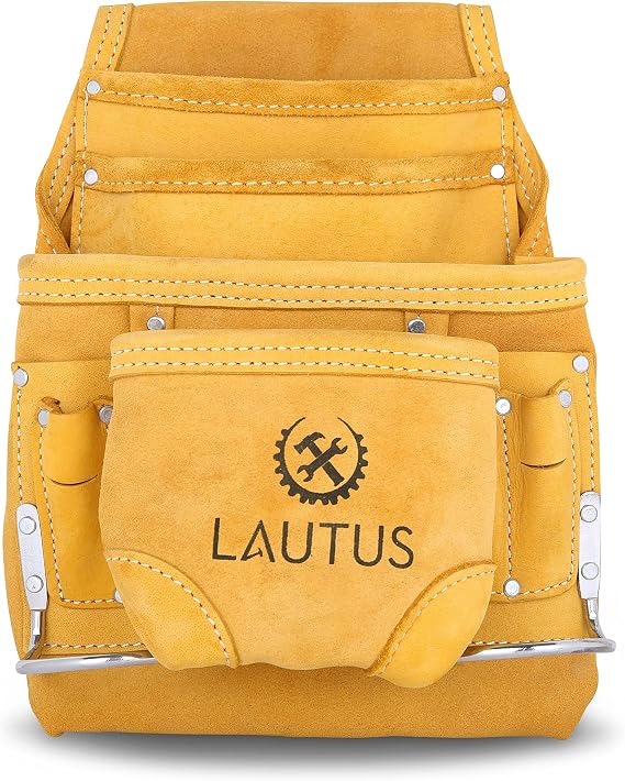 LAUTUS Nubuck Top Grain Leather Tool Pouch Bag | Carpenter, Construction, Framers, Handyman | 10 Pockets, 2 Hammer Holders | 100% Leather |