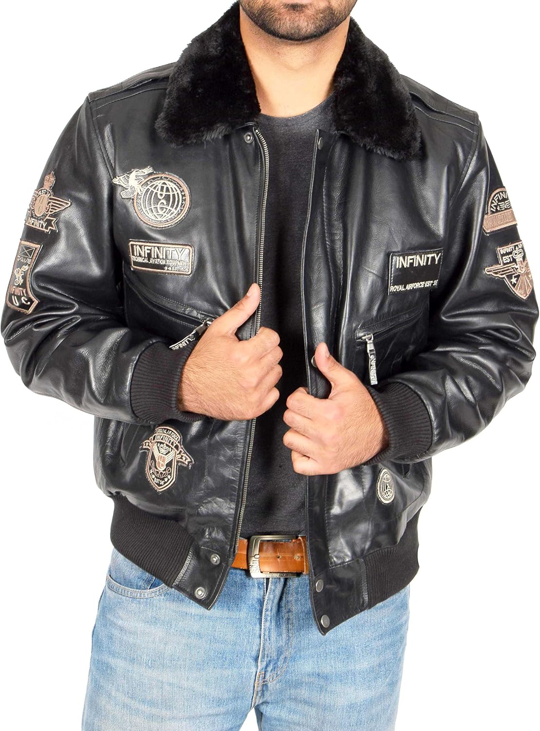 A1 FASHION GOODS Mens Pilot Leather Jacket Heavy Duty Black Bomber Aviator with Collar Air Force Badge - Luca