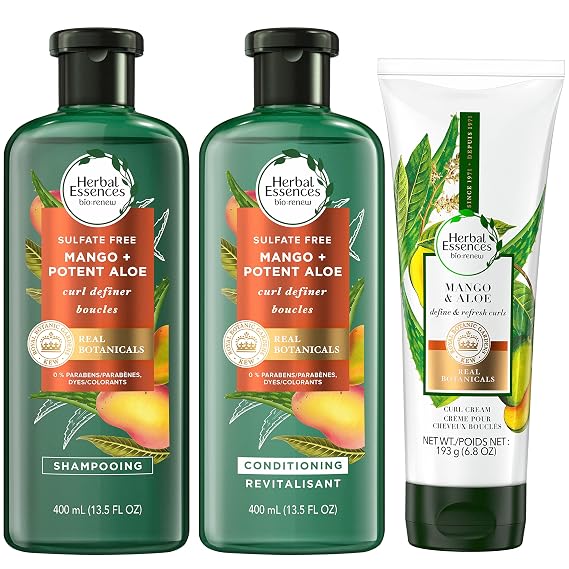 Herbal Essences bio:renew Sulfate Free Shampoo & Conditioner 13.5 Fl Oz each, and Curl Cream 6.8 Fl Oz Set asAi With Mango + Potent Aloe, Complete Curly Hair Care for Defined Curls