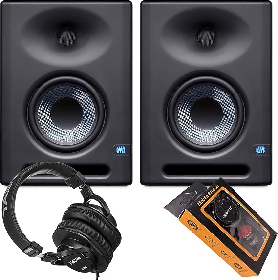 Pair of PreSonus Eris E5 XT 5 inch Powered Studio Monitor 5" Powered Studio Monitor with Woven Composite LF Driver, 1" Silk-Dome HF Driver with Gravity Magnet Phone Holder and Pro Headphone Bundle