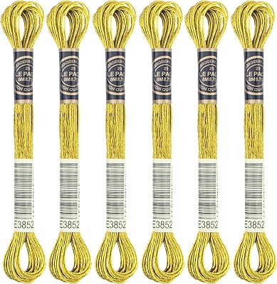 6 Skeins Embroidery Thread, Metallic Gold Embroidery Floss Friendship Bracelet String, Polyester Cross-Stitch Threads for Hand Embroidery, String Art