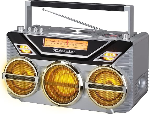 Retro Studebaker Avanti Stereo Boombox with CD, FM Stereo Radio, Bluetooth Receive and Transmit, LED Light Show and 15W Subwoofer for High Power Bass (Silver)