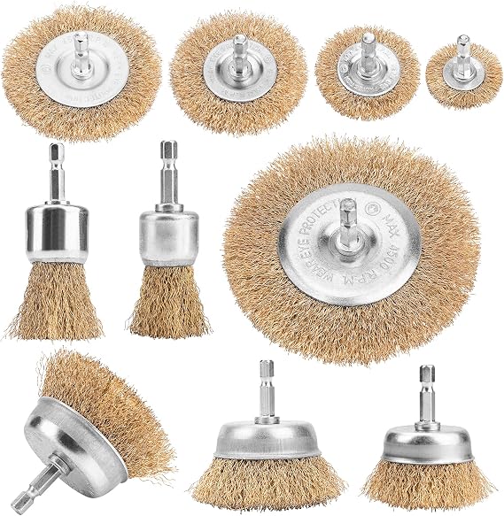 Wire Brush for Drill, 10 Piece Drill Wire Brush Set, Brass Coated Wire Cup Brush with 1/4 Inch Shank, Wire Brushes Drill Attachment for Rust Removal, Stripping & Abrasive Cleaning
