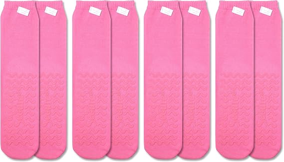 Secure (4 Pairs) Non Skid Socks with All-Around Grip Tread - Hospital Style for Elderly Fall Injury Prevention ... (Pink)