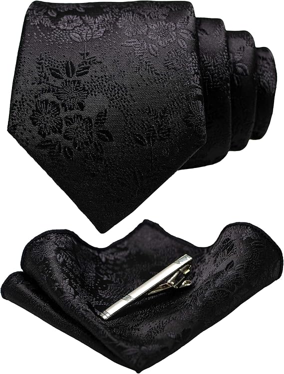 JEMYGINS Floral Necktie and Pocket Square Tie Clip Sets for Men