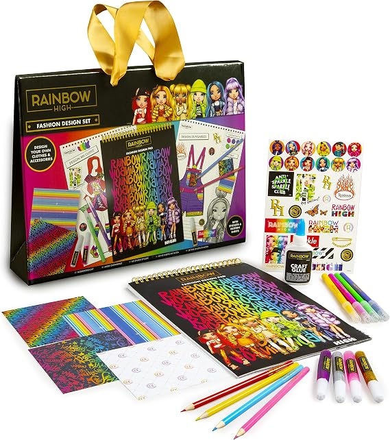 Rainbow High Fashion Design Sketchbook Set - Designer Kit for Girls - 30 Page Design Pad, Brush Tip Pens & Colouring Pencils Book