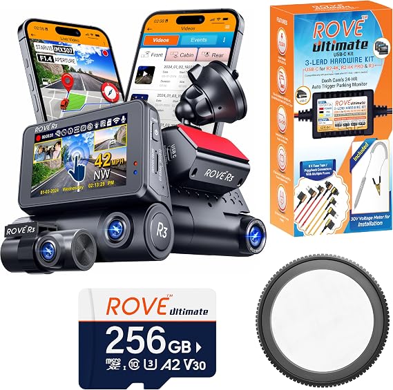 ROVE R3 3 Channel Dash Cam with Hardwire Kit, 256GB Card and CPL Filter
