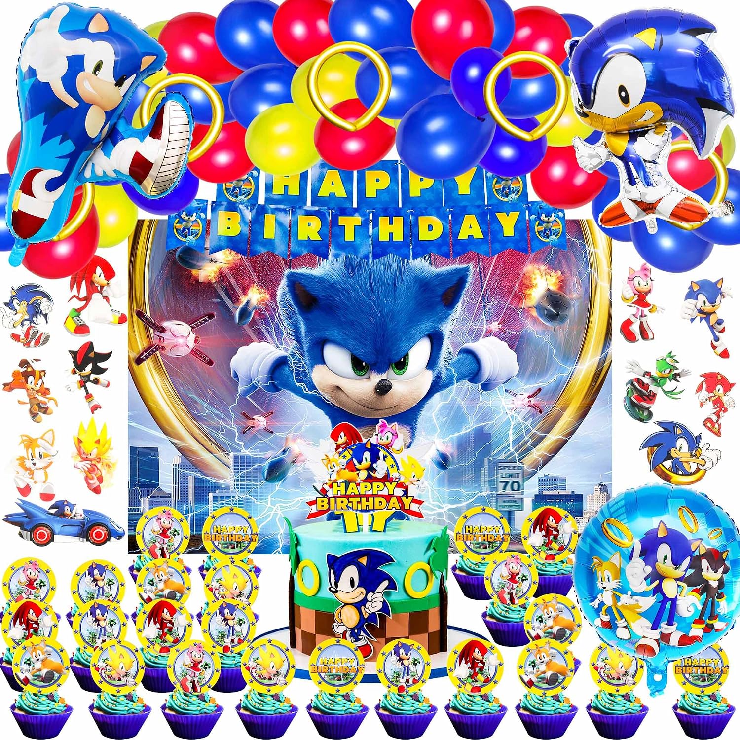 Birthday Party Supplies 91Pcs Party Favors Decorations Foil Balloon,Latex Balloon, Backdrop, Cupcake topper, Tattoo stickers, Adhesive tape,Happy Birthday Banner