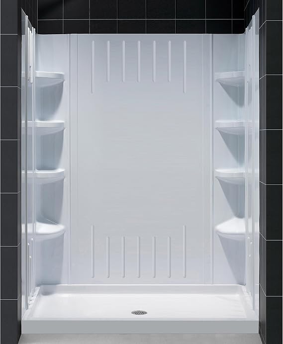 DreamLine 36 in. D x 60 in. W x 75 5/8 in. H Center Drain Acrylic Shower Base and QWALL-3 Backwall Kit In White, DL-6148C-01
