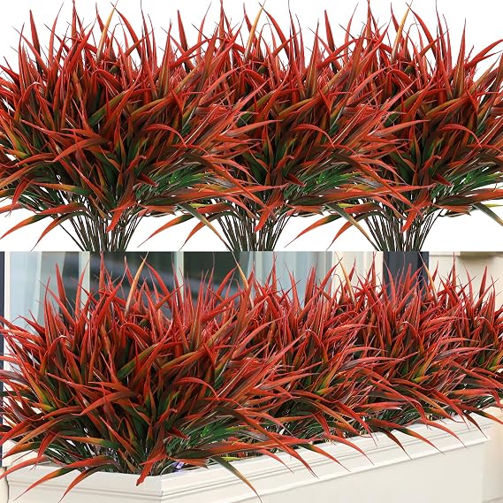8pcs Artificial Grass Plants Outdoor, Red Fake Plants Greenery Stems
