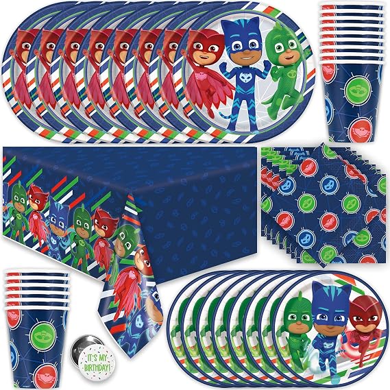 PJ Masks Birthday Party Supplies and Decorations with Table Cloth | Officially Licensed, Paper Dinnerware Made in USA, Serves 16 Guests