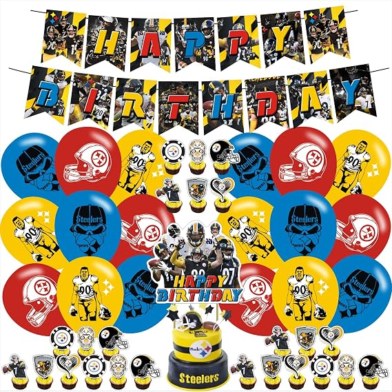 Steelers of Pittsburgh Football Theme Party Supplies,Including Steelers of Pittsburgh Soccer Birthday Bannner,Cake Copper ,Ballon,Party Cupcake Topper Suitable for Steelers Team Birthday Party Favor