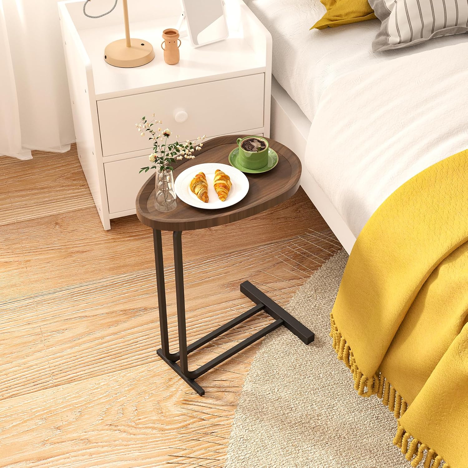 C-Shaped Wooden Side Table with Sliding Metal Frame, Adjustable End Table for Couch, Bedside, Bedroom & Living Room,Brown