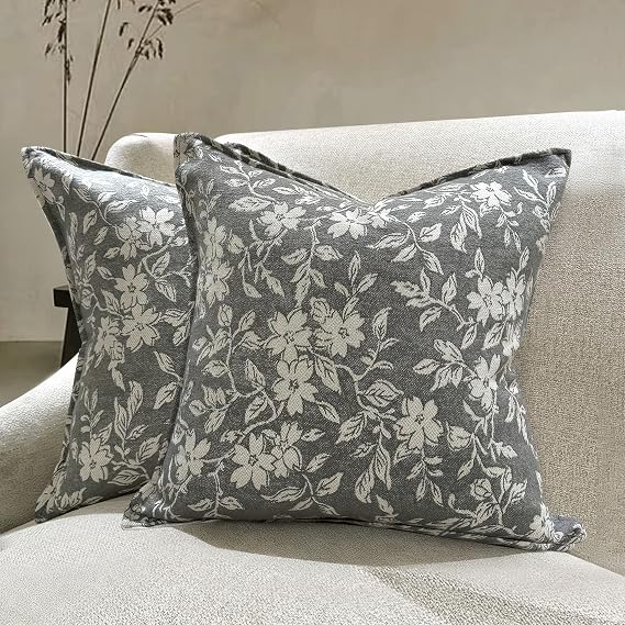 makkey Gray Floral Pillow Covers 18x18 Pack of 2 Vintage Farmhouse Jacquard Decorative Throw Pillow Covers for Living Room Couch Bed Home Decor