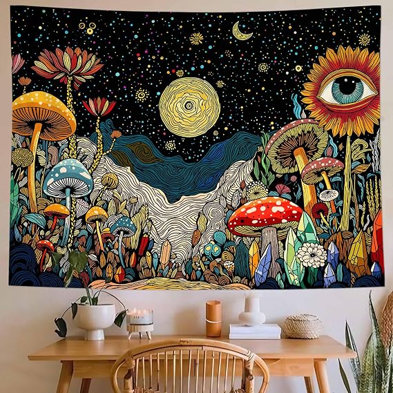 Wegklazax Mushroom Celestial Tapestry, Surreal Fantasy Wall Art for Room Decor, Vibrant Botanical Home Decor 60" L x 44" W