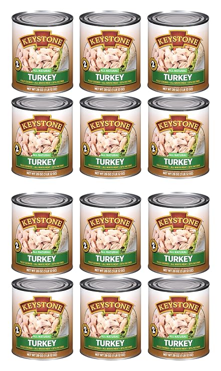 Keystone Meats All Natural Heat and Serve Canned Turkey 28 oz Fully Cooked and Ready to Eat Canned Meat All White Meat Gluten Free Kitchen Essential for Everyday Meals, Emergency Survival Food Shelf Stable for 5 Years Made in the USA Family Pack of 12